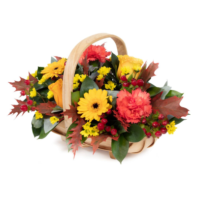 Autumn Hedgerow Basket - A collection of seasonal flowers and foliage arranged in a natural basket.
